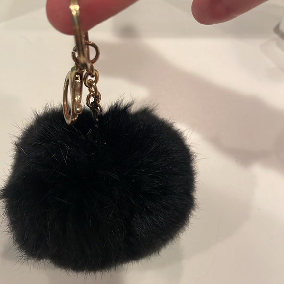 Rabbit Fur Fluff Ball - Pom Pom Key Fob black real fur 3” round. Purse charm - Picture 3 of 8